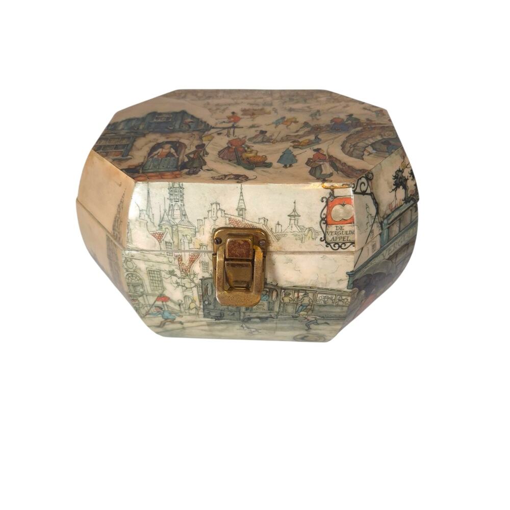 Large VTG Wooden Jewelry Box Decoupage Winter Scene Folk Art Hand Made 12x7 Inch